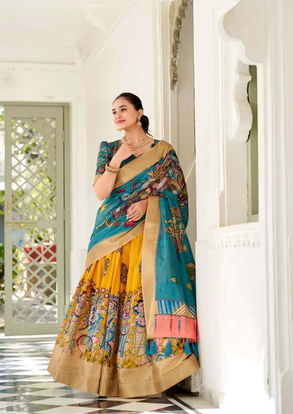 Sunshine Kalamkari Dola Silk Lehenga Set with Zari Weaving