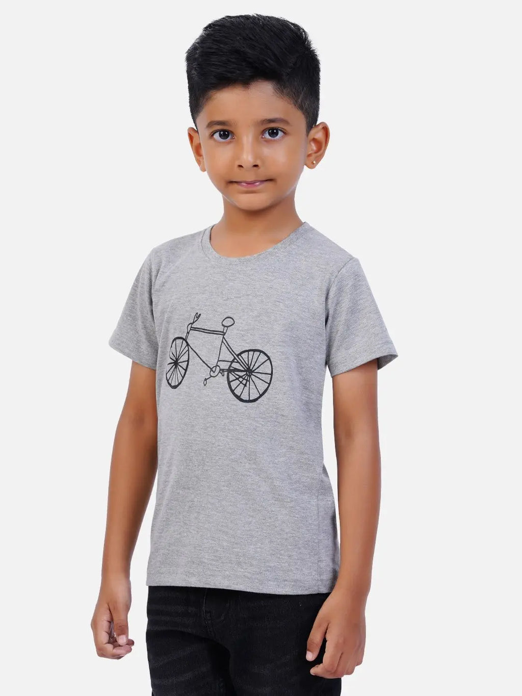 AirGarb kids' t-shirt featuring soft black cotton fabric, a round neck, and a stylish bottle green drawn cycle design, perfect for casual wear.